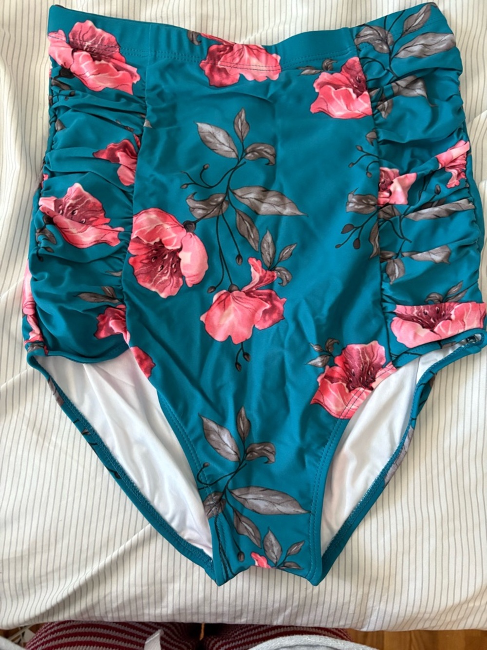 High-Waist Floral Bikini Bottoms - Teal with Pink Flowers
